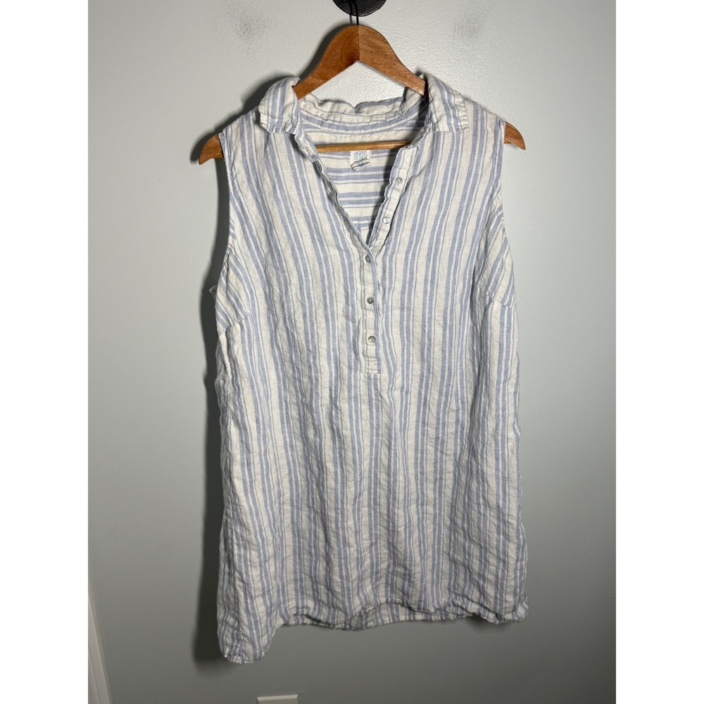 Sigrid Olsen Womens 1X Blue White Striped Sleeveless 100% Linen Tunic Top